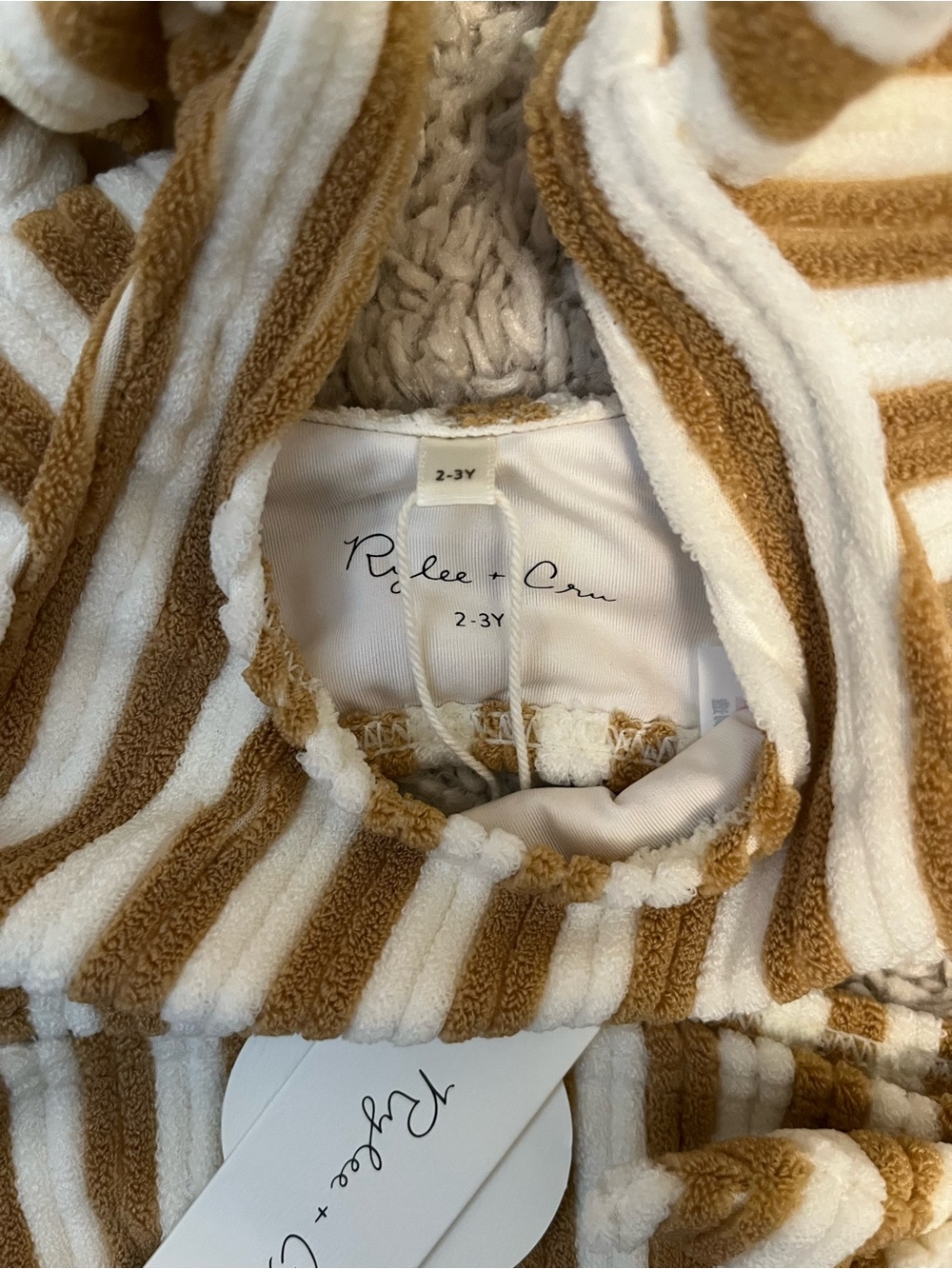 NWT Rylee + Cru Striped Ruffle Two - Piece Swimsuit in Tan & White Terry Cloth - Picture 3 of 3
